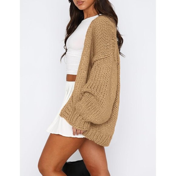 Womens Trendy Cardigan Sweaters Khaki Long Sleeve Chunky Knit Outfits - Picture 4 of 8